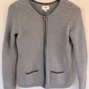 Heavy gray zip up cardigan with faux leather trim. Old Navy, size XS petite.